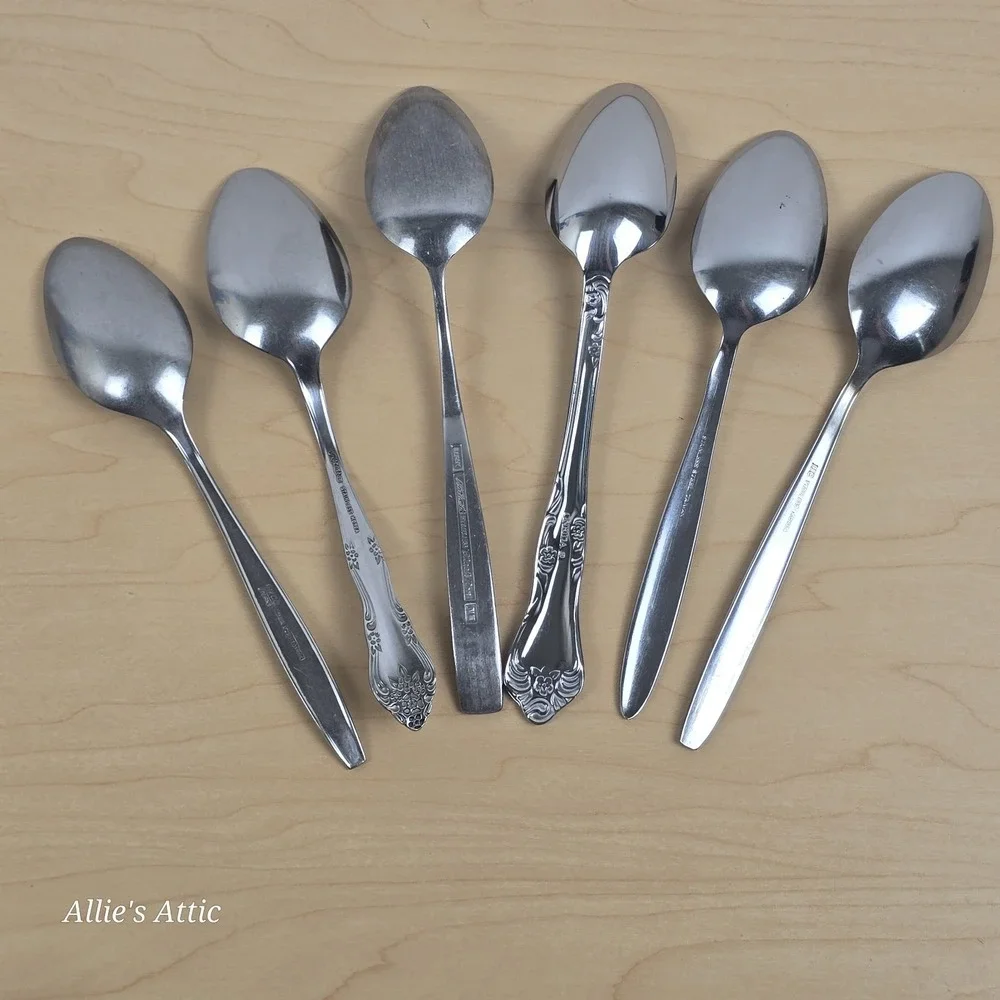 Vintage Table Spoons Flatware Mixed Stainless Oneida Floral Japan Korea Lot Of 6